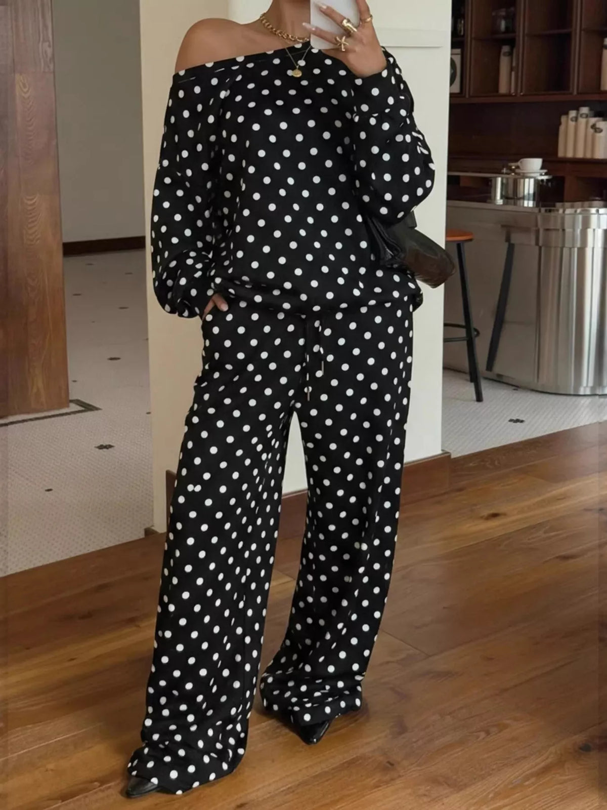 Women's polka dot boat neck top and pants set