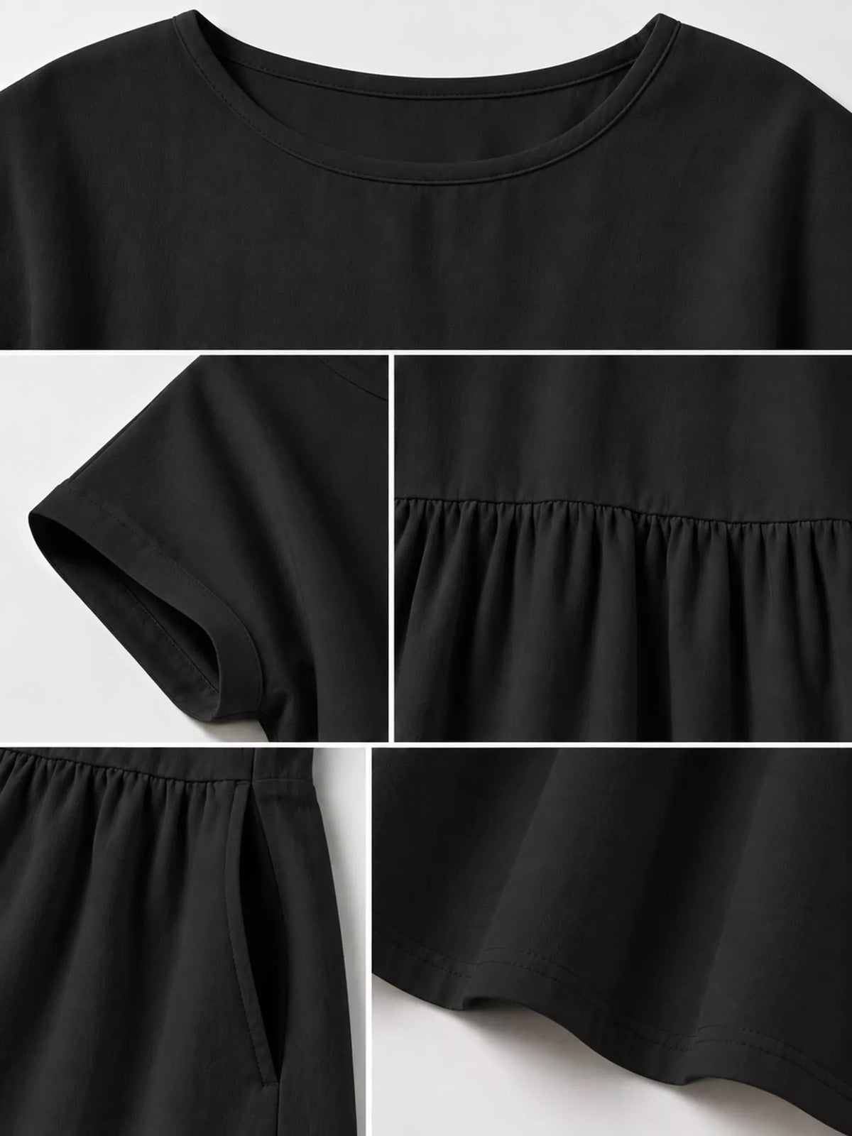 Round neck short sleeve midi dress, construction and design details