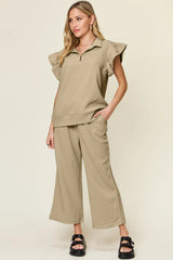 Trendsi Double Take Texture Ruffle Short Sleeve Top and Drawstring Wide Leg Pants Set -