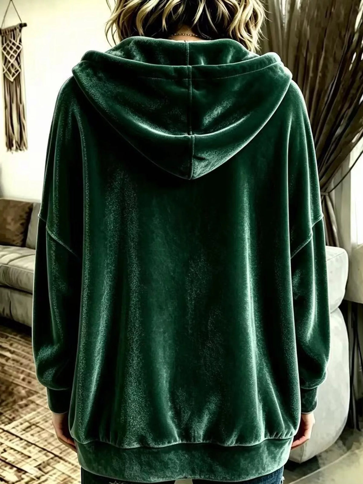 Green velvet dropped shoulder hoodie, back view