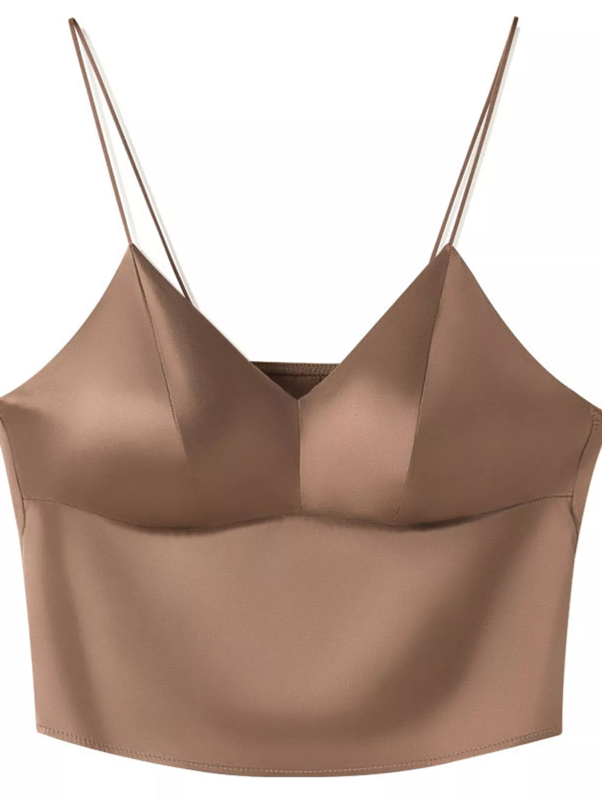 Brown satin v neck cami, front view