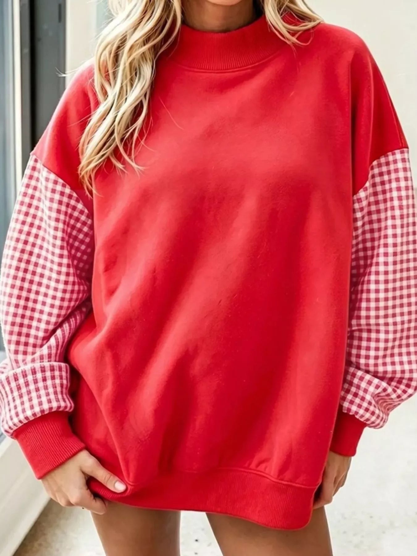 Trendsi Gingham Sleeves Round Neck Sweatshirt -
