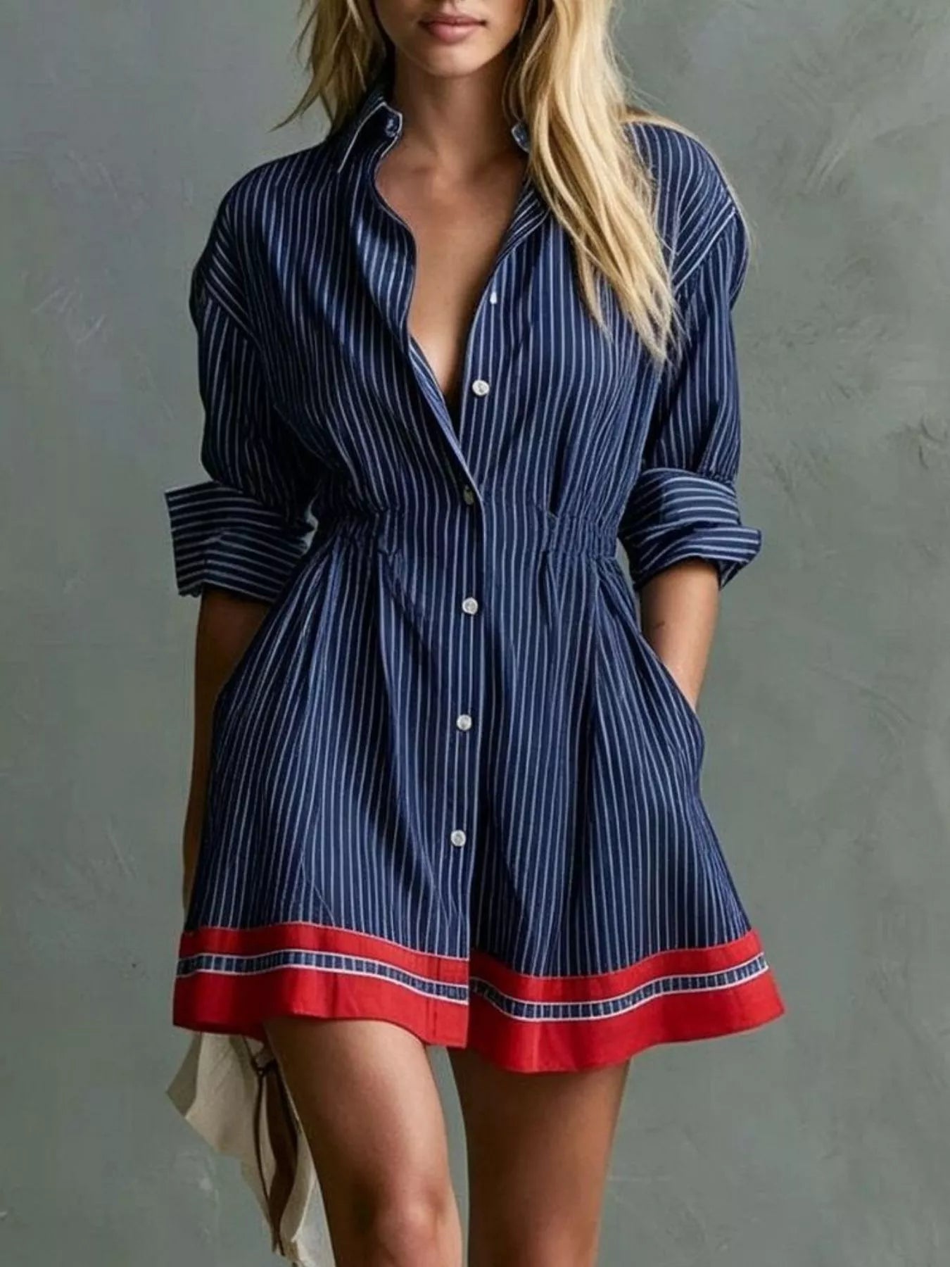 Trendsi Striped Button-Down Shirt Dress with Contrast Hem -