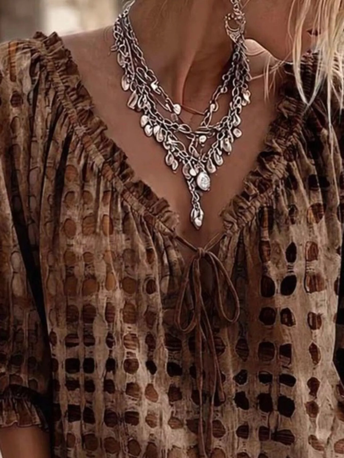 Brown Tie Neck 3/4 Sleeve Blouse detail view