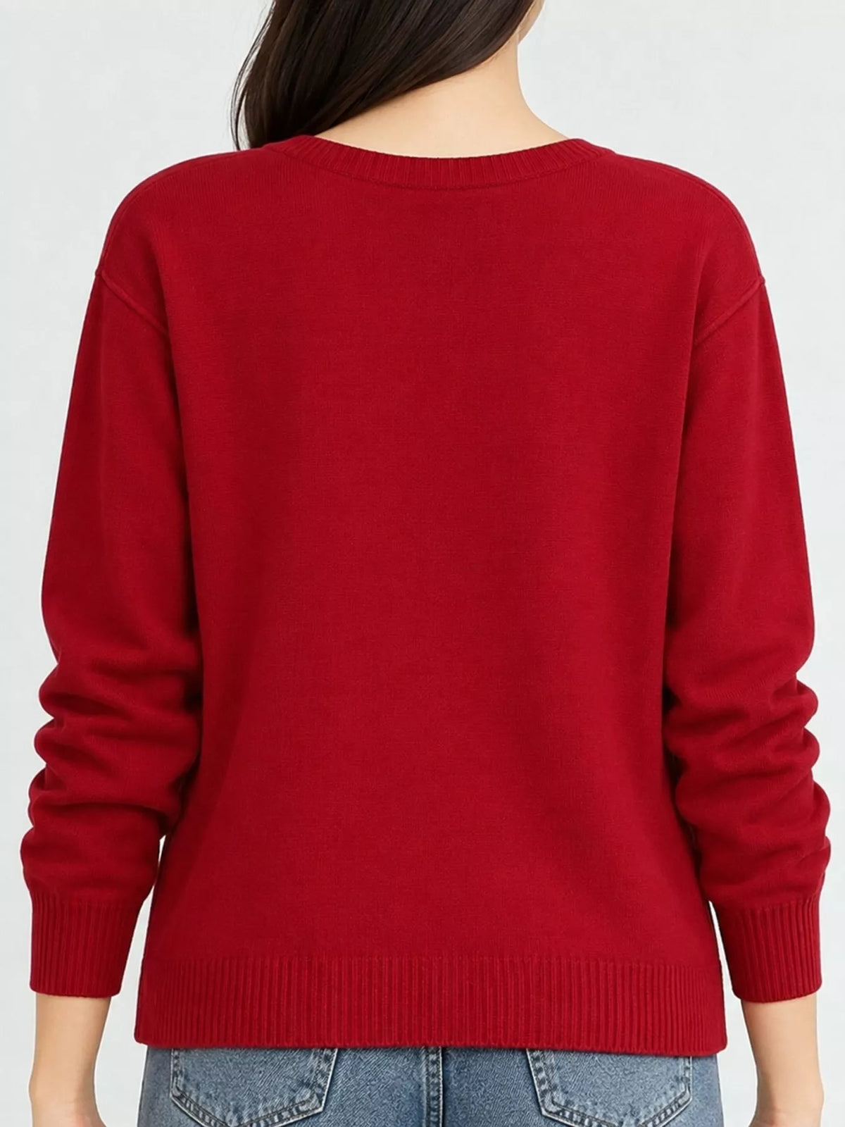 Red crew neck button down knit cardigan, back view
