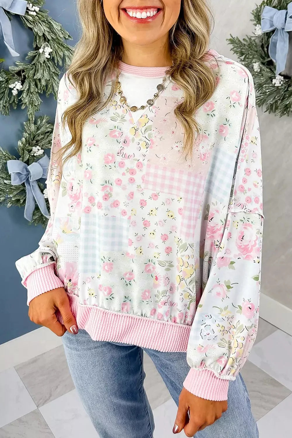 Trendsi Twisted Ribbed Trim Floral Print Patchwork Long Sleeve Top -