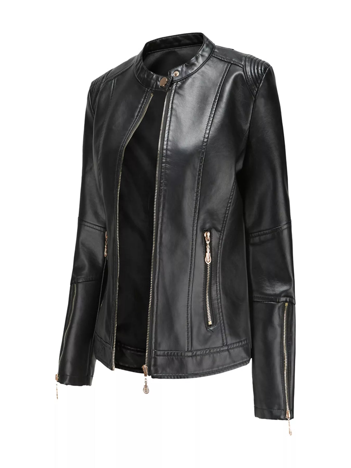 Slim Fit Faux Leather Moto Jacket — garment front