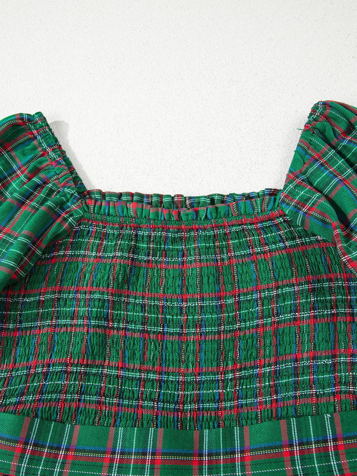 Dark Green plaid square neck puff sleeve tie-waist midi dress, back view