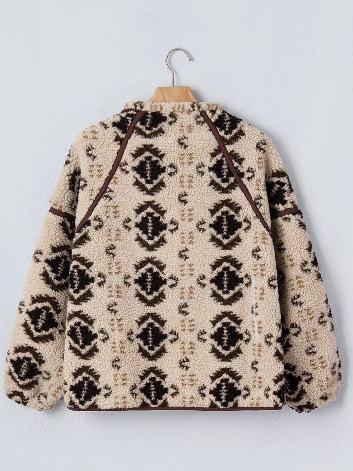 Aztec Print Quarter-Zip Sherpa Sweatshirt in khaki, back view