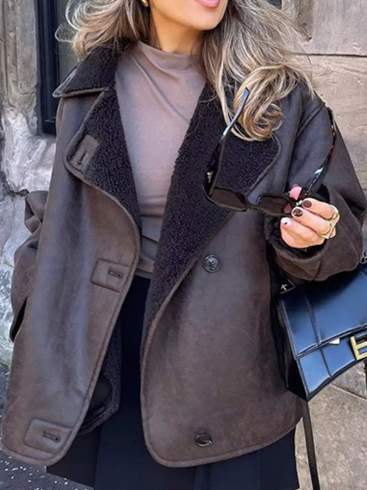 Sherpa-collar jacket, brown lapel front