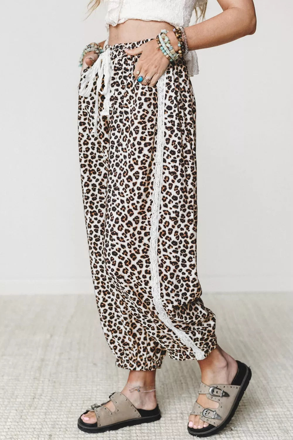 Trendsi Leopard Print Ankle-Length Elastic Waist Pants -