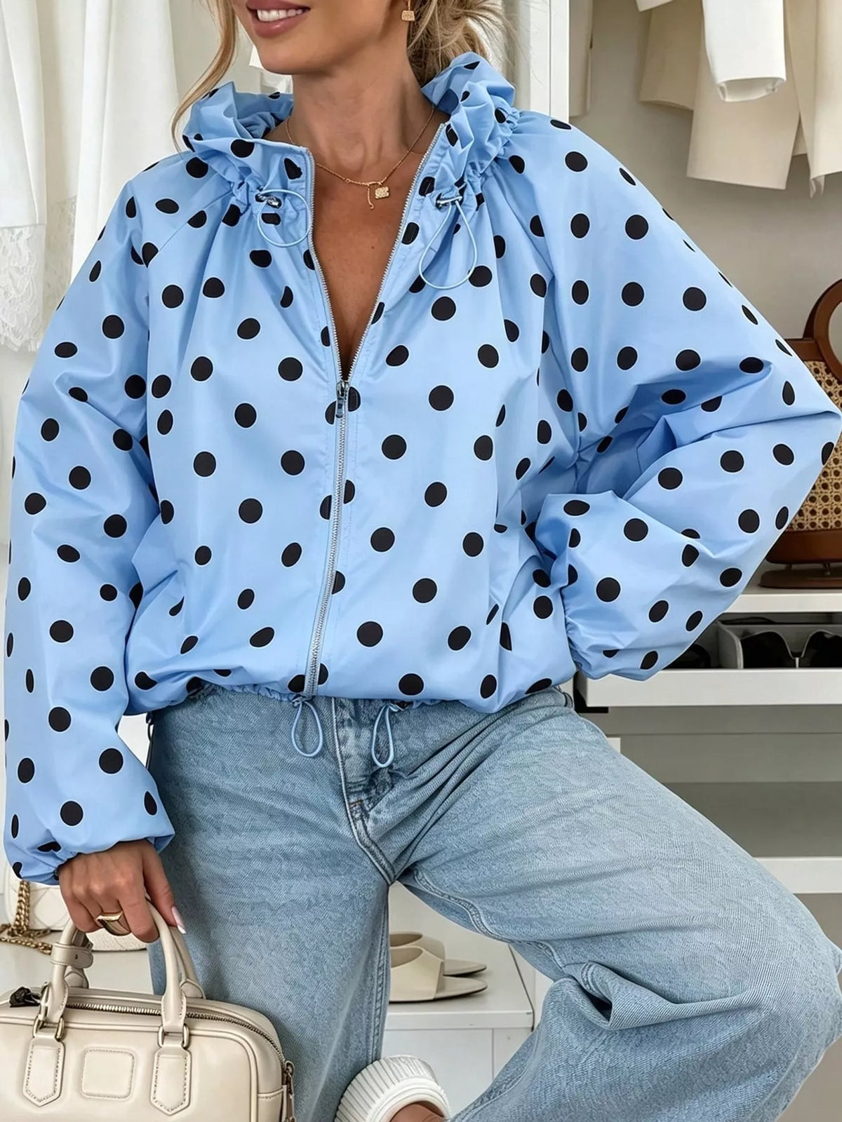 Polka Dot Drawstring Zip-Up Jacket — front view