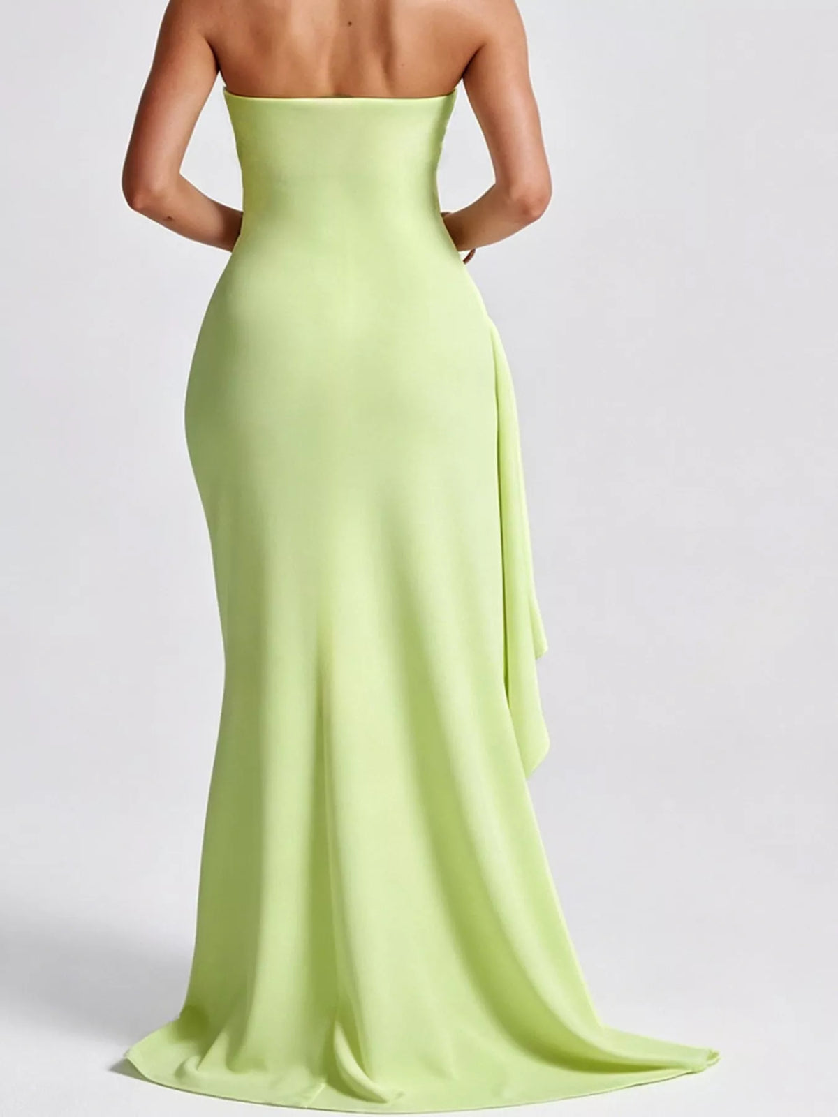 Light green strapless high slit bodycon maxi evening dress, back view