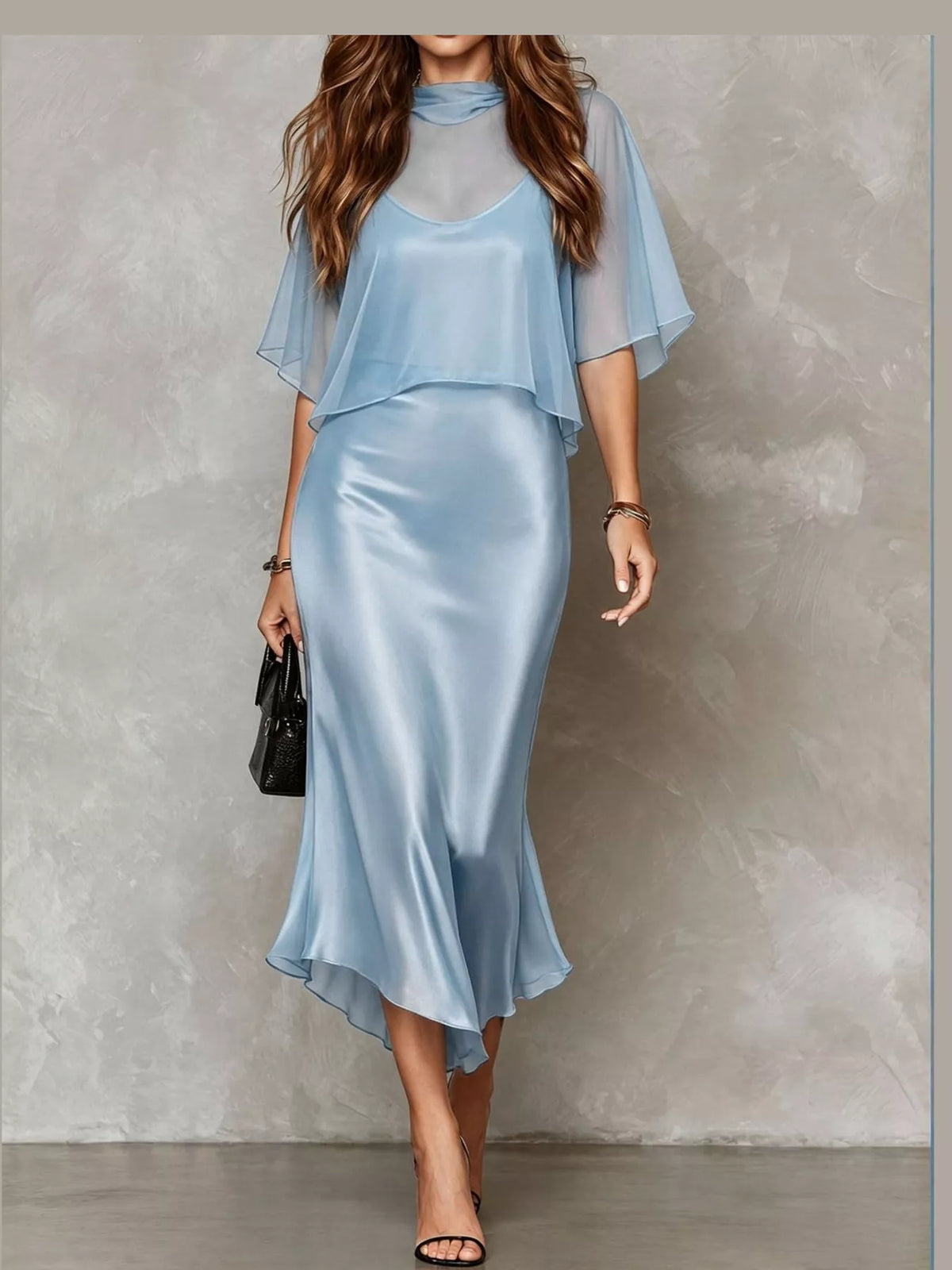 Light blue satin cami dress and sheer cover up set — front view