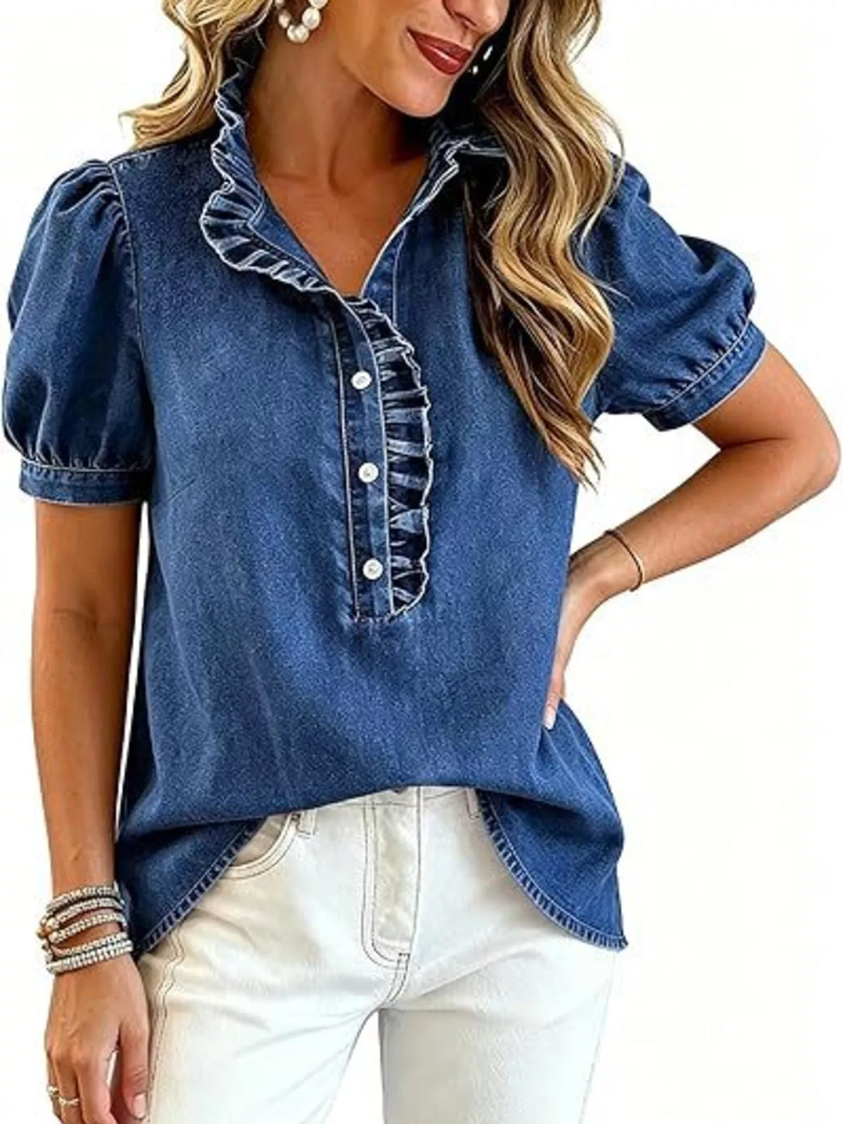 Trendsi Frill Puff Sleeve Denim Top -