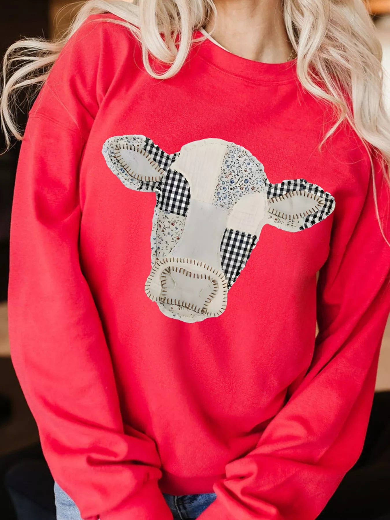 Trendsi Western Patchwork Cow Drop Shoulder Sweatshirt -