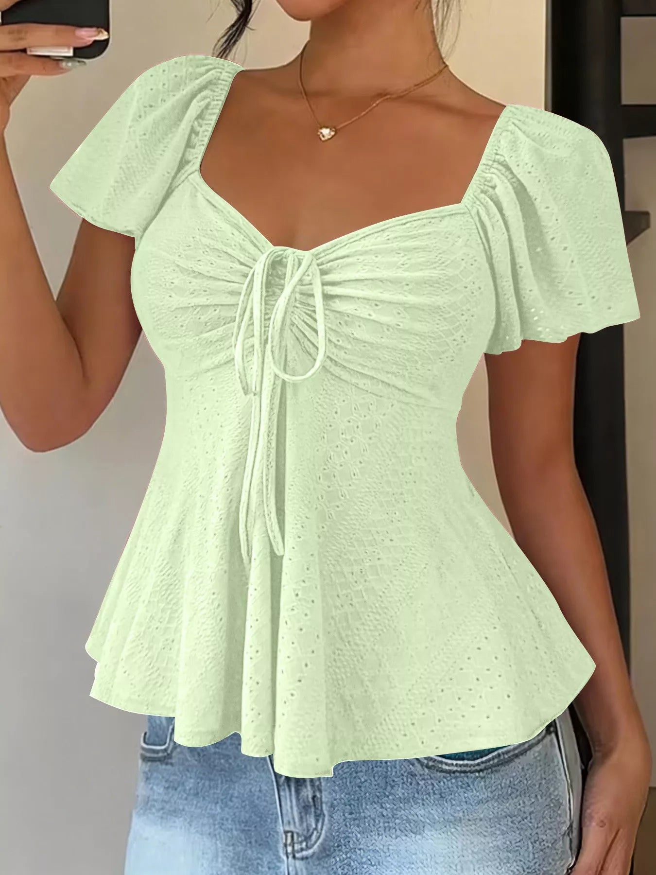 Trendsi Ruched Flutter Sleeve Peplum Top -