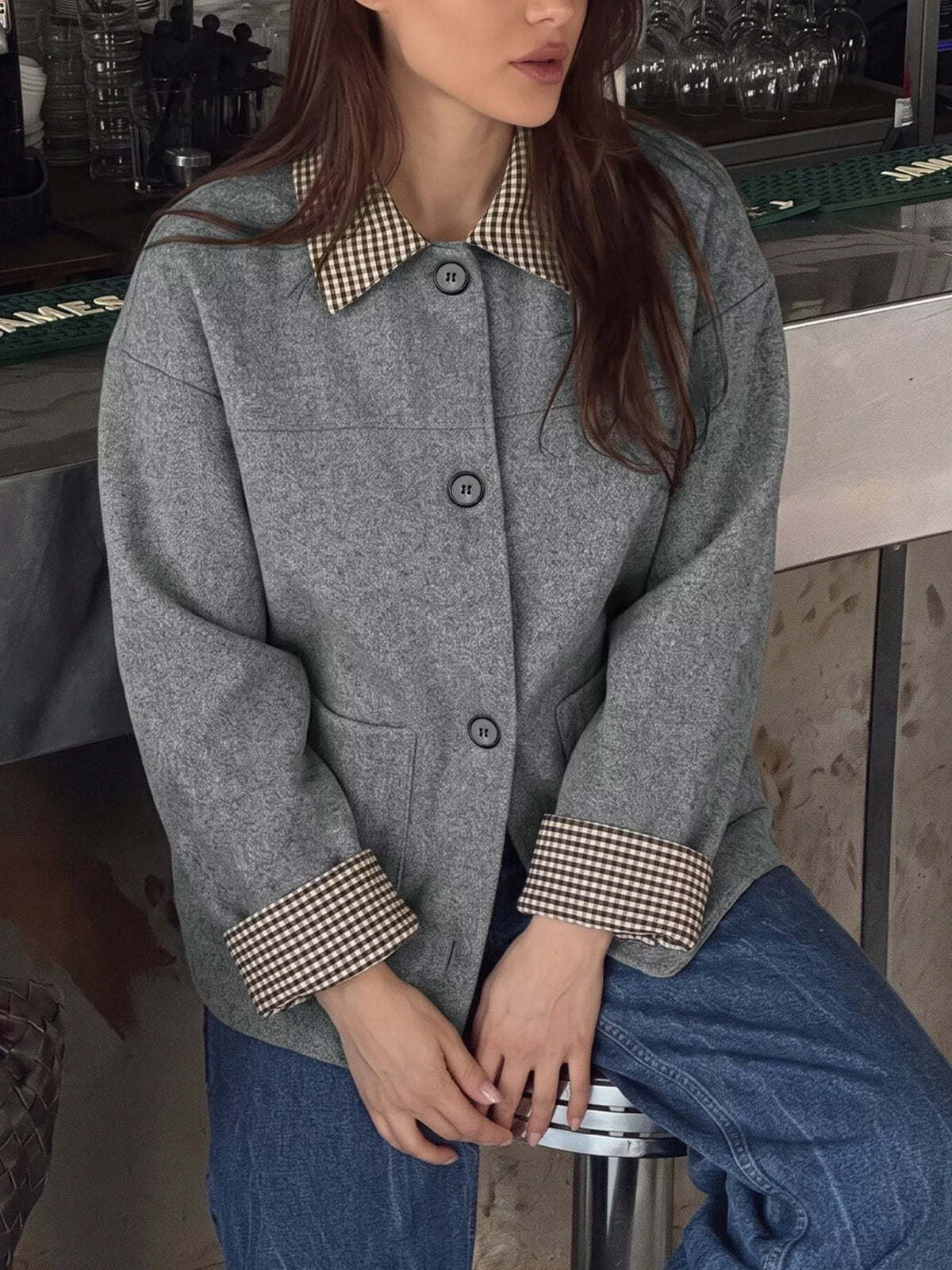 Gray gingham-trim button-down jacket