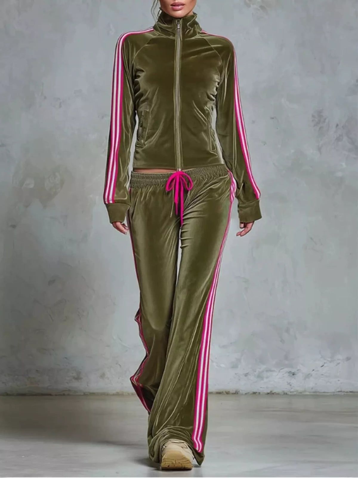 Trendsi Striped Zip Up Outerwear and Pants Set -