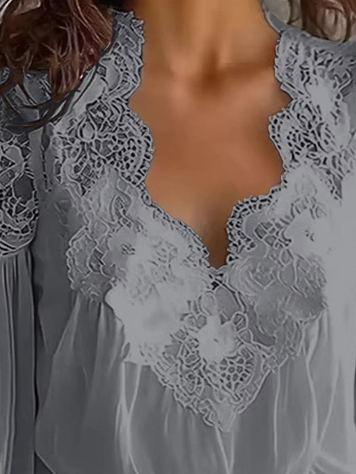 Gray lace V-neck flounce sleeve blouse, lace neckline detail