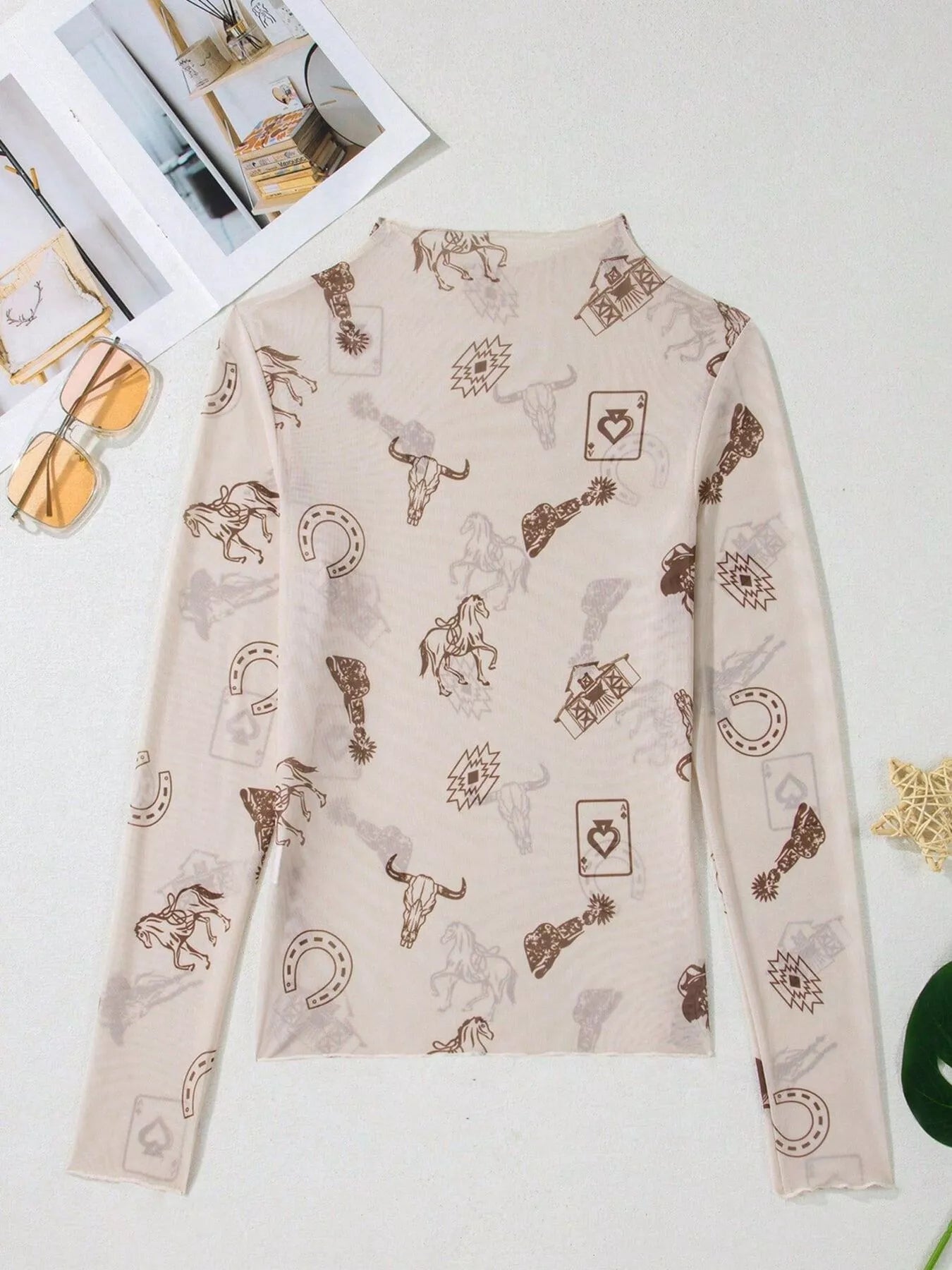 Trendsi Printed Mesh Long Sleeve Slim Fit Top -