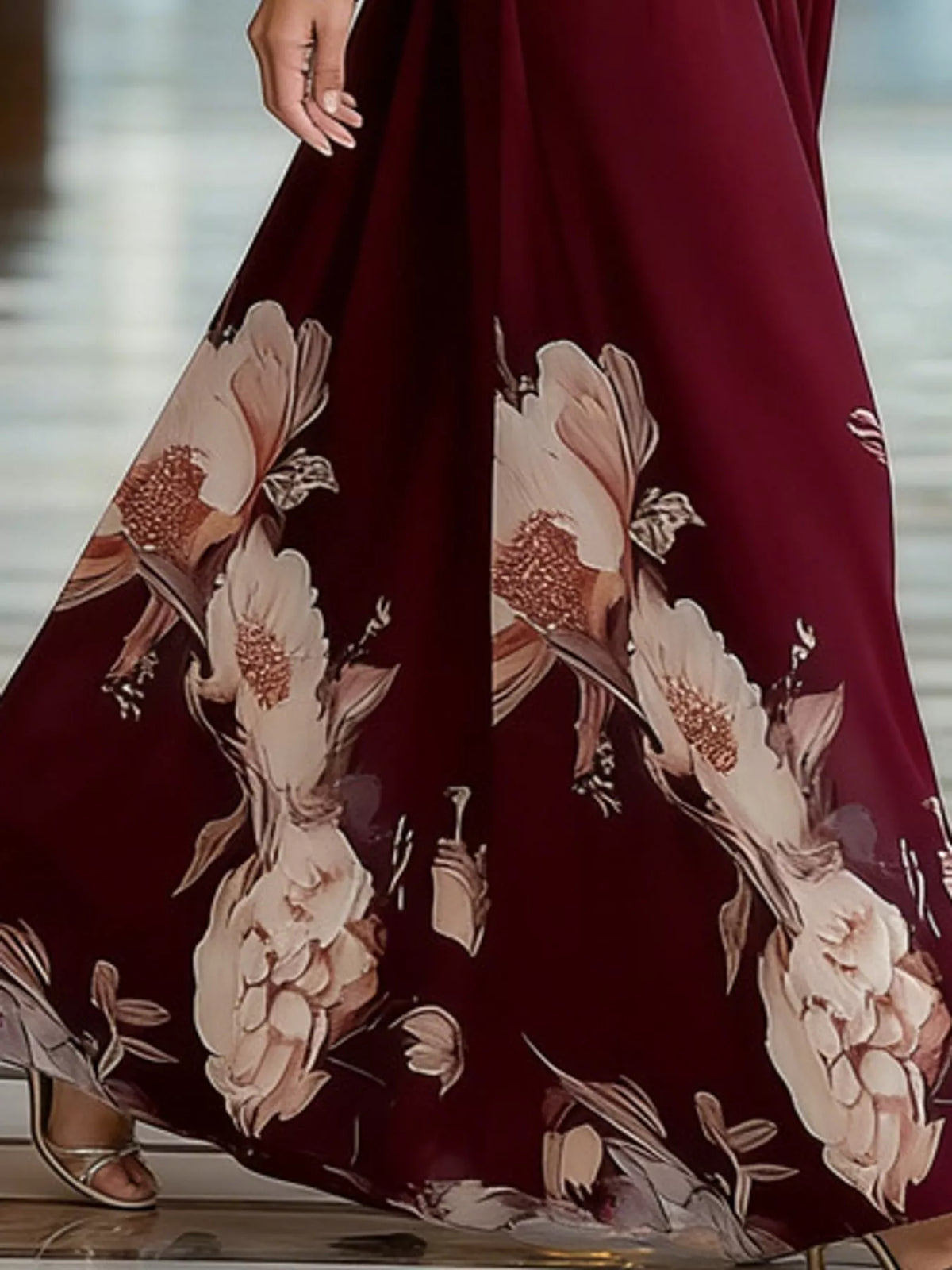 Burgundy floral v neck maxi dress, detail view