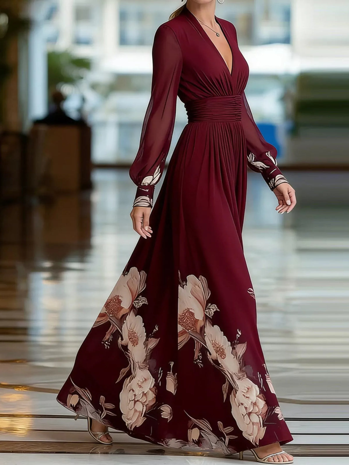 Burgundy floral v neck maxi dress, front view