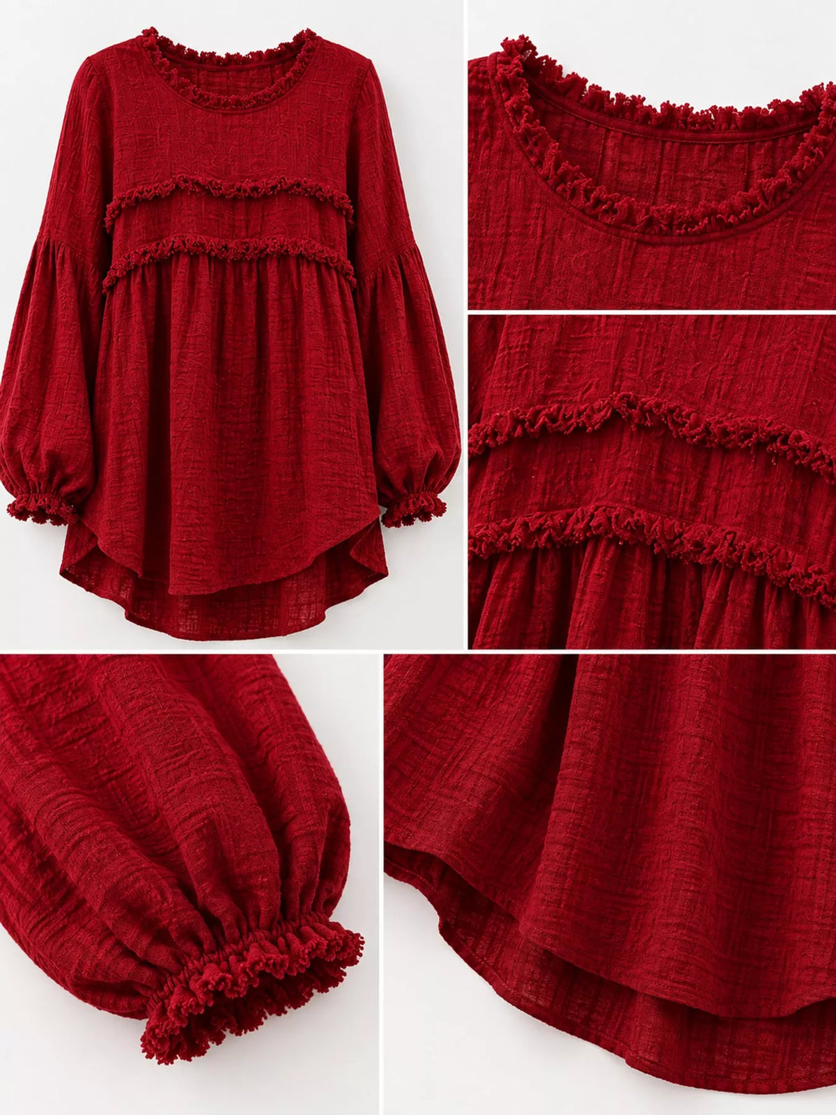 Red textured frayed-trim peplum blouse, trim cuff and hem details