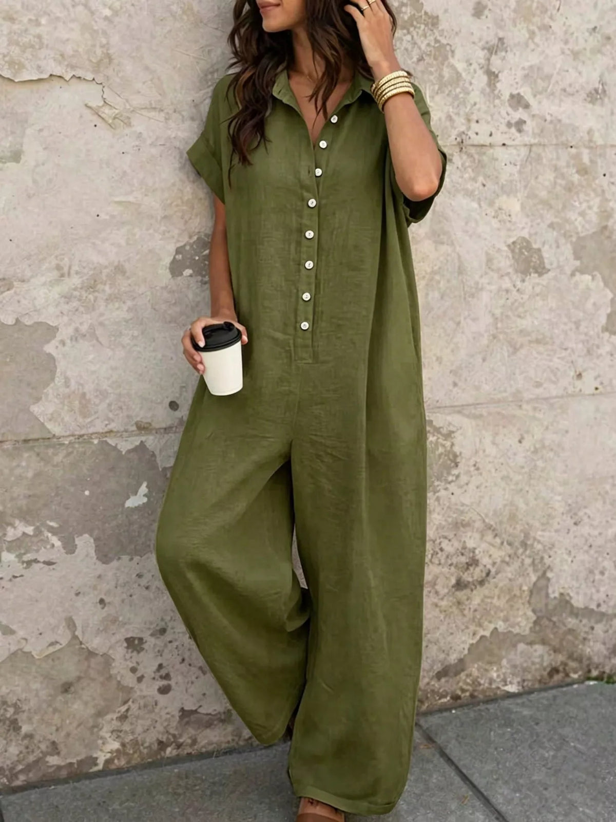 Olive green button-front jumpsuit, front view