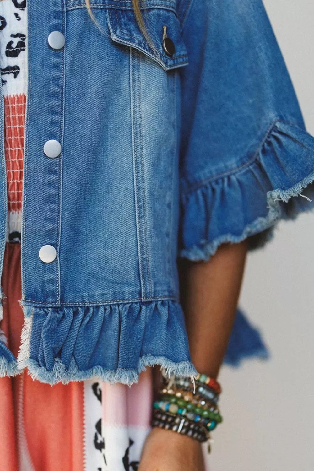 Trendsi Ruffle Hem Raw Edge Half Sleeve Western Denim Jacket -