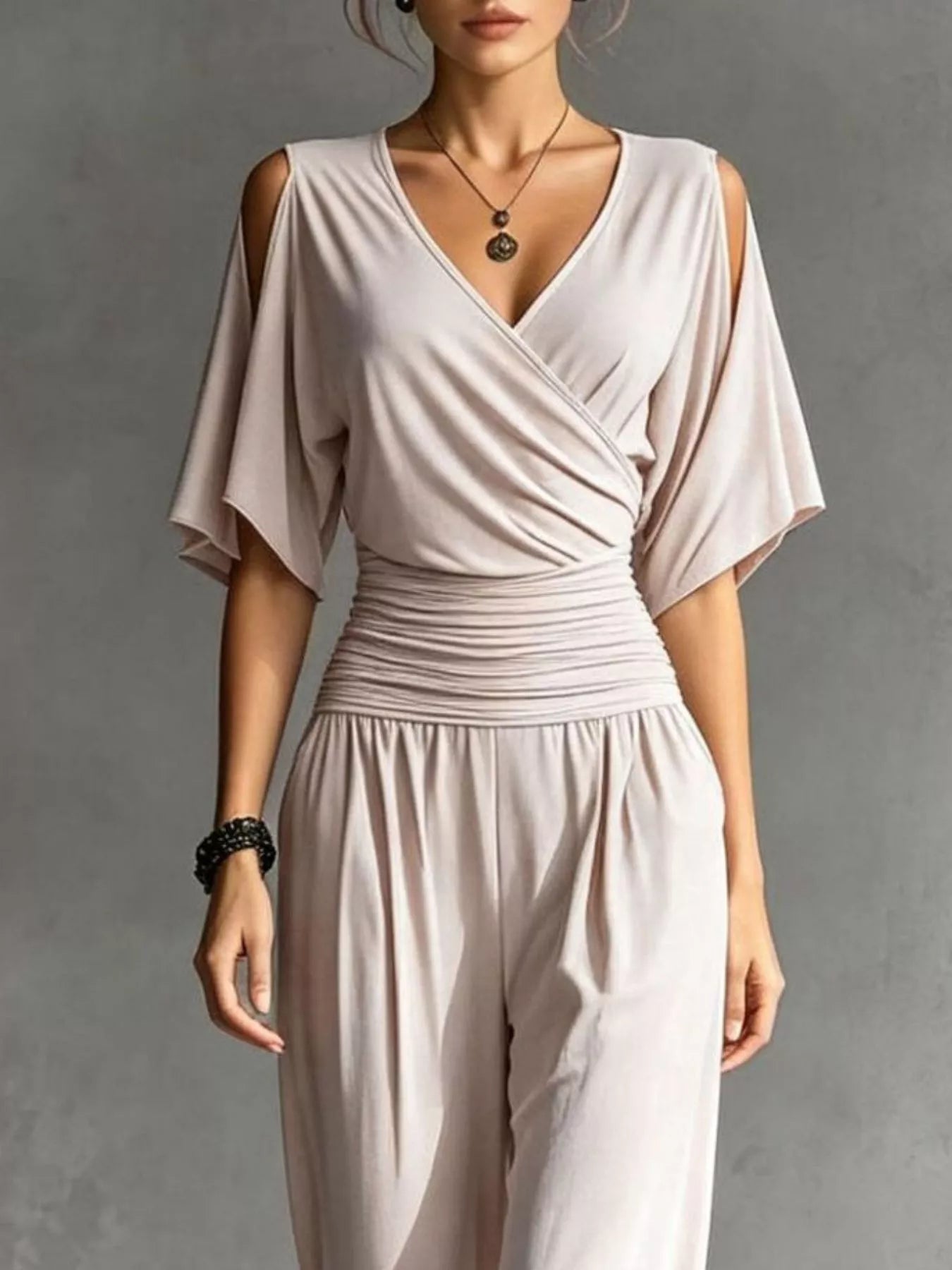 Trendsi Cold Shoulder Ruched Waist Wide-Leg Jumpsuit -
