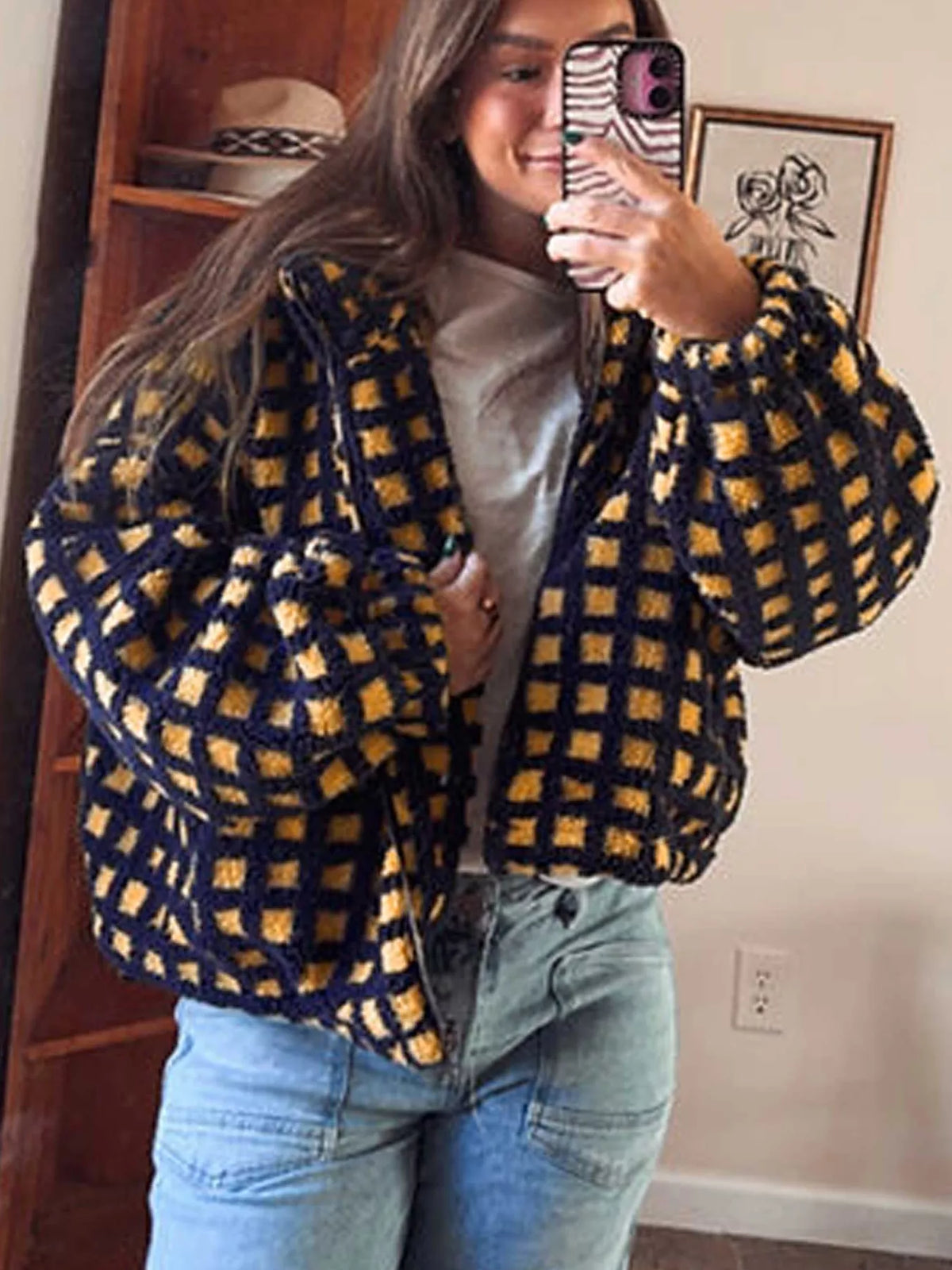 Black plaid sherpa fleece zip up jacket