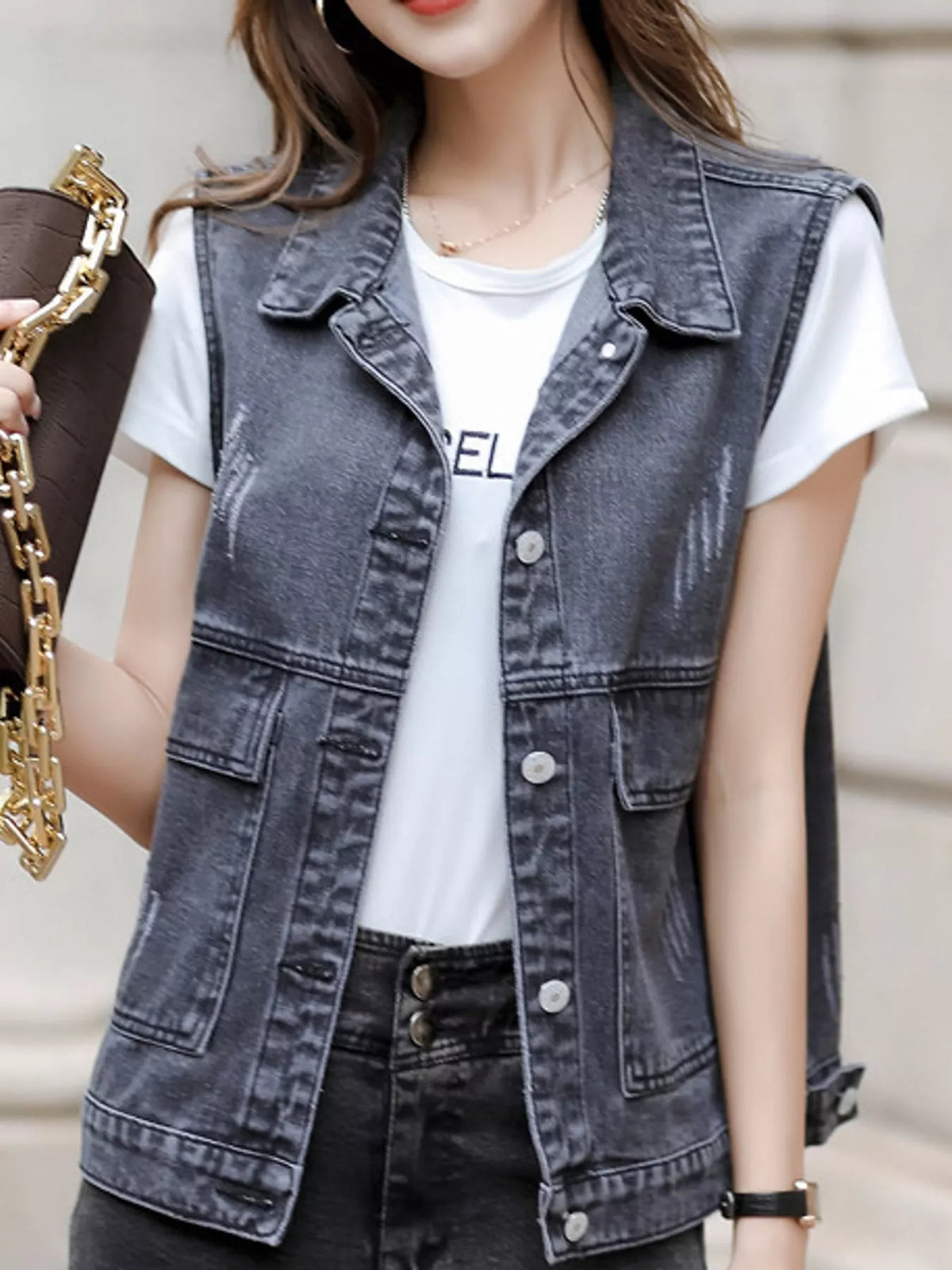 Distressed Washed Denim Vest in gray