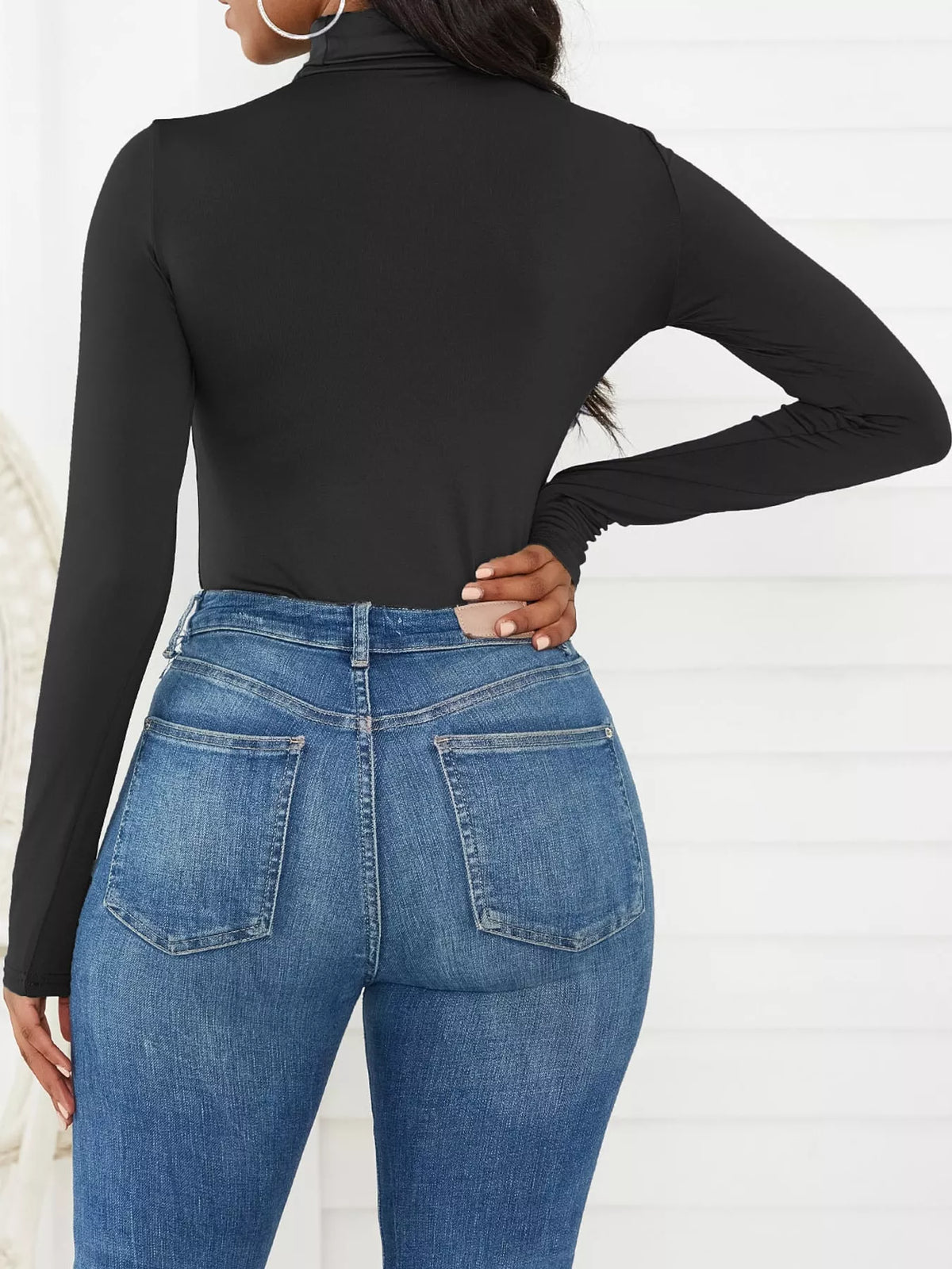 Long Sleeve Turtleneck Slim-Fit Bodysuit, back view in black