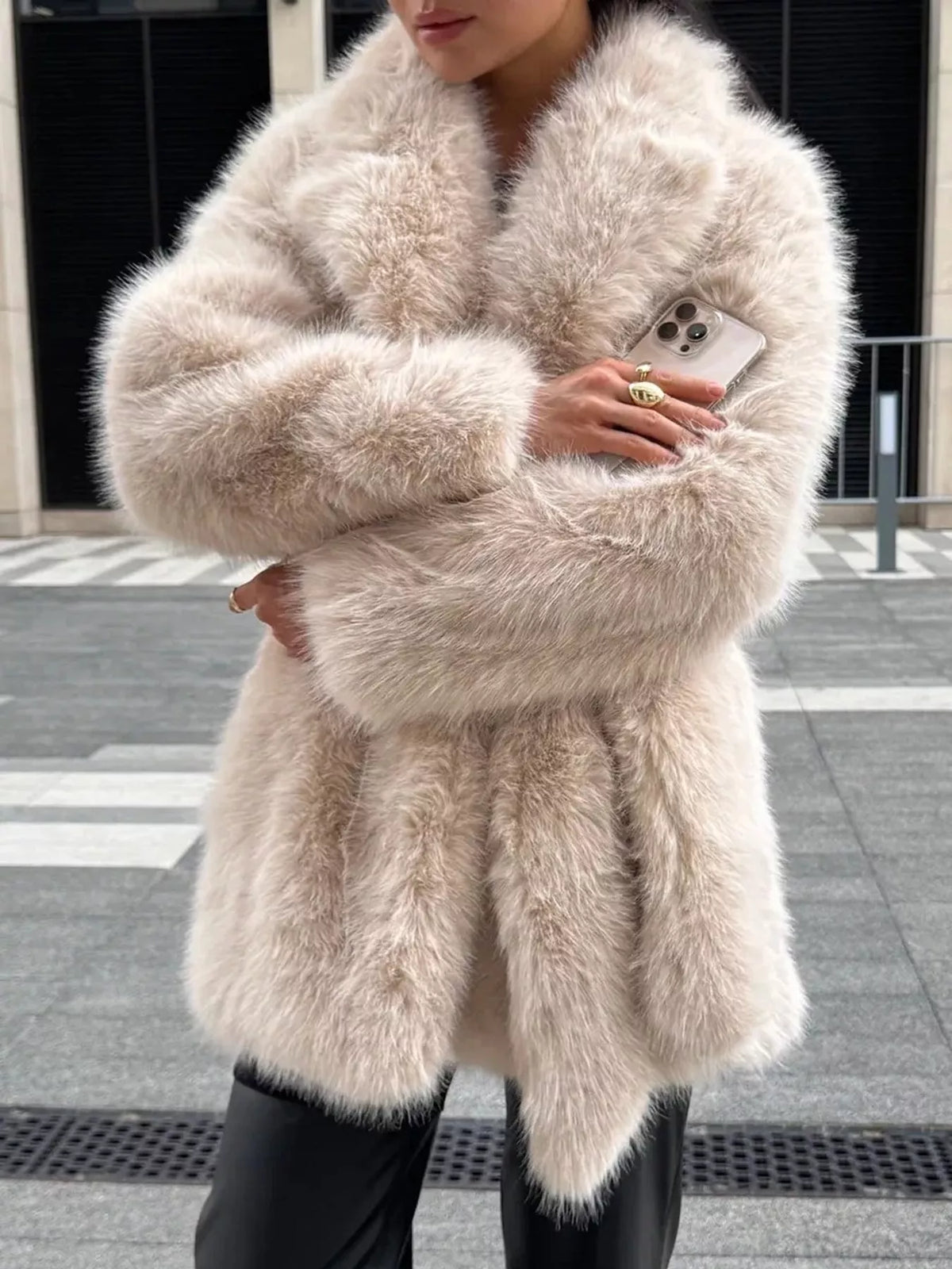 Faux Fur Belted Coat in cream