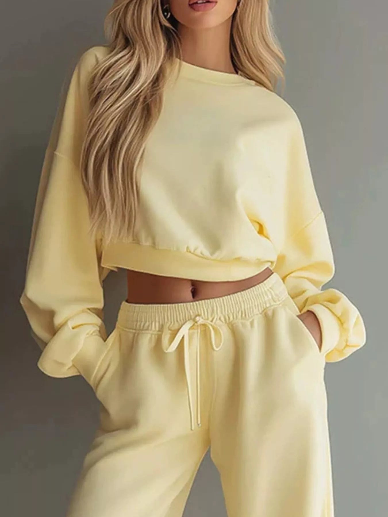 Trendsi Round Neck Cropped Sweatshirt and Wide-Leg Pants -