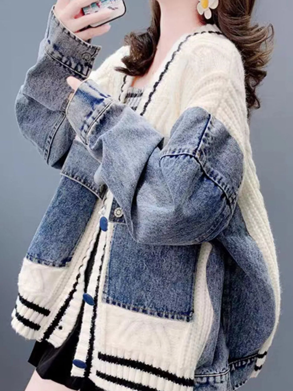 Contrast Denim Patchwork Cable Knit Cardigan, detail view in cream and blue