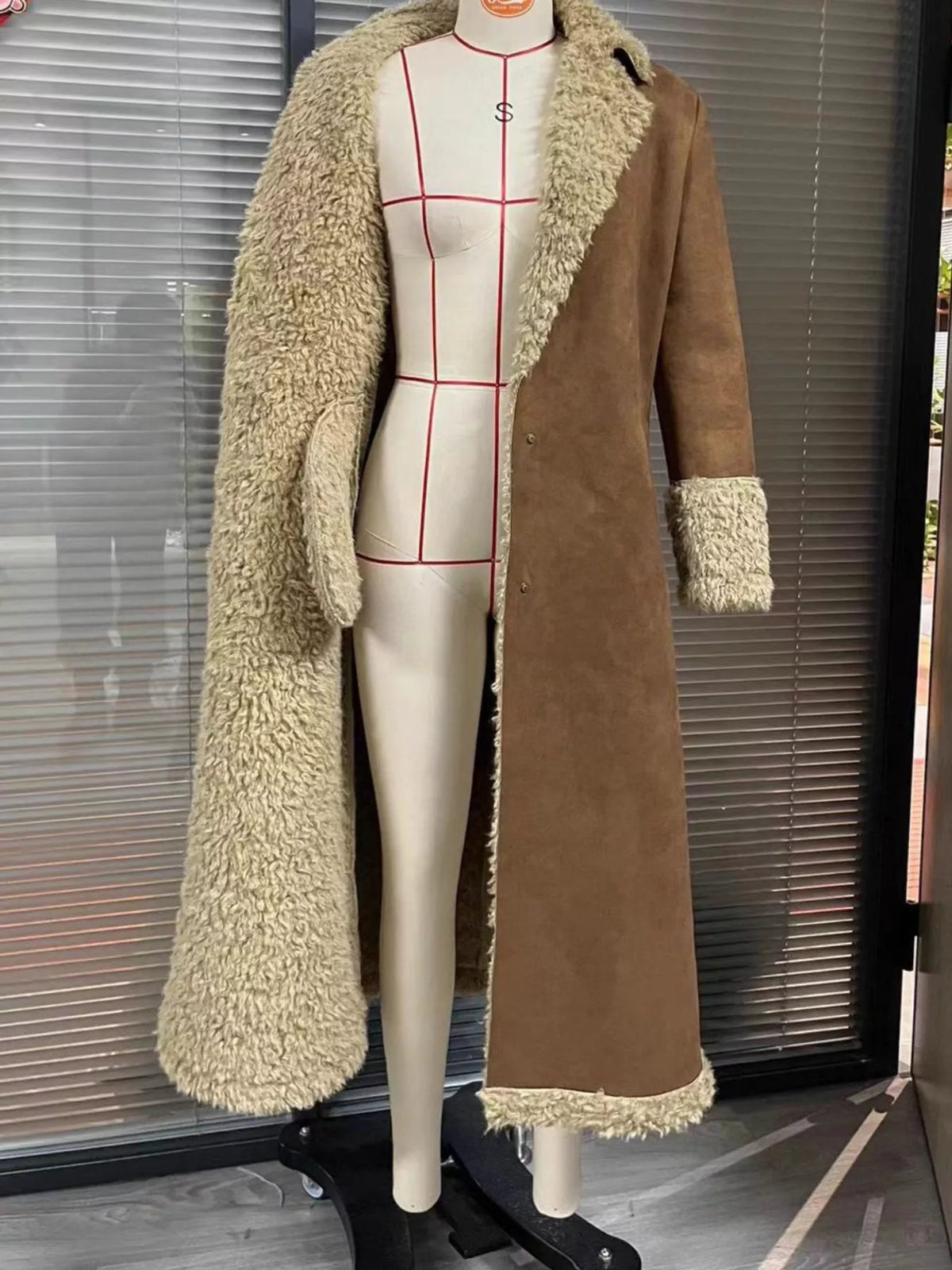 Brown faux suede shearling-style long coat