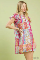 Trendsi Umgee Mix Patchwork Flutter Sleeve Mini Dress -