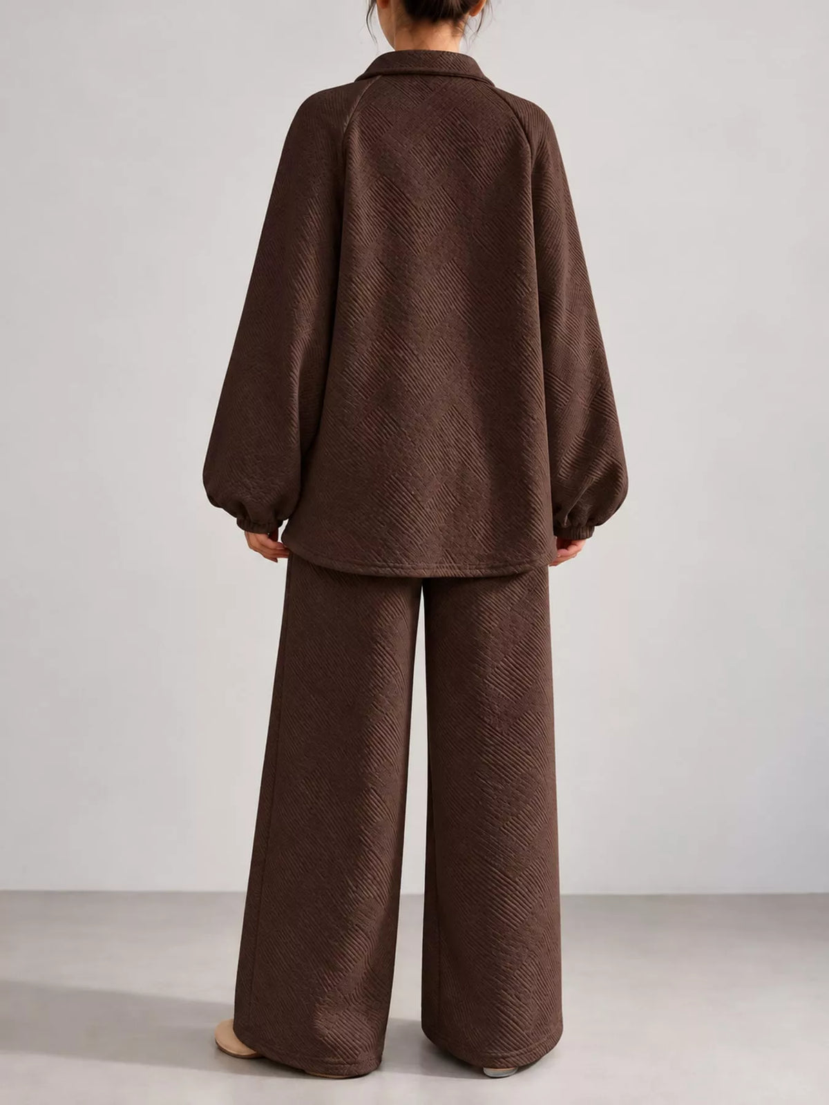 Brown textured polo collar top and wide-leg pants set — back view