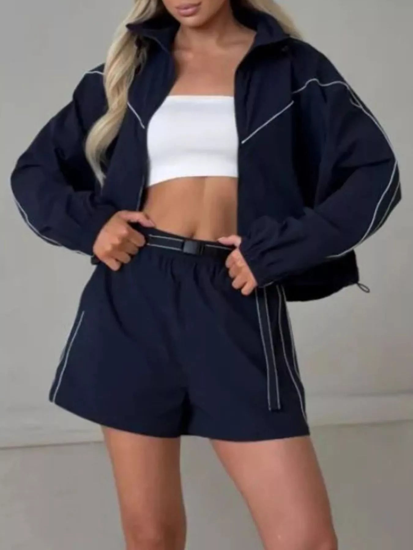 Trendsi Drawstring Zip-Up Jacket and Shorts Set -