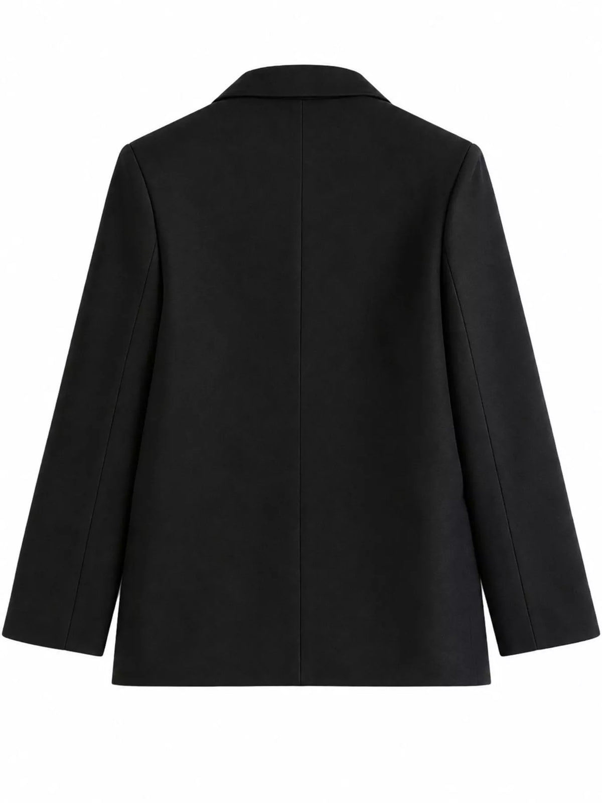 Black double-breasted lapel collar blazer, back view