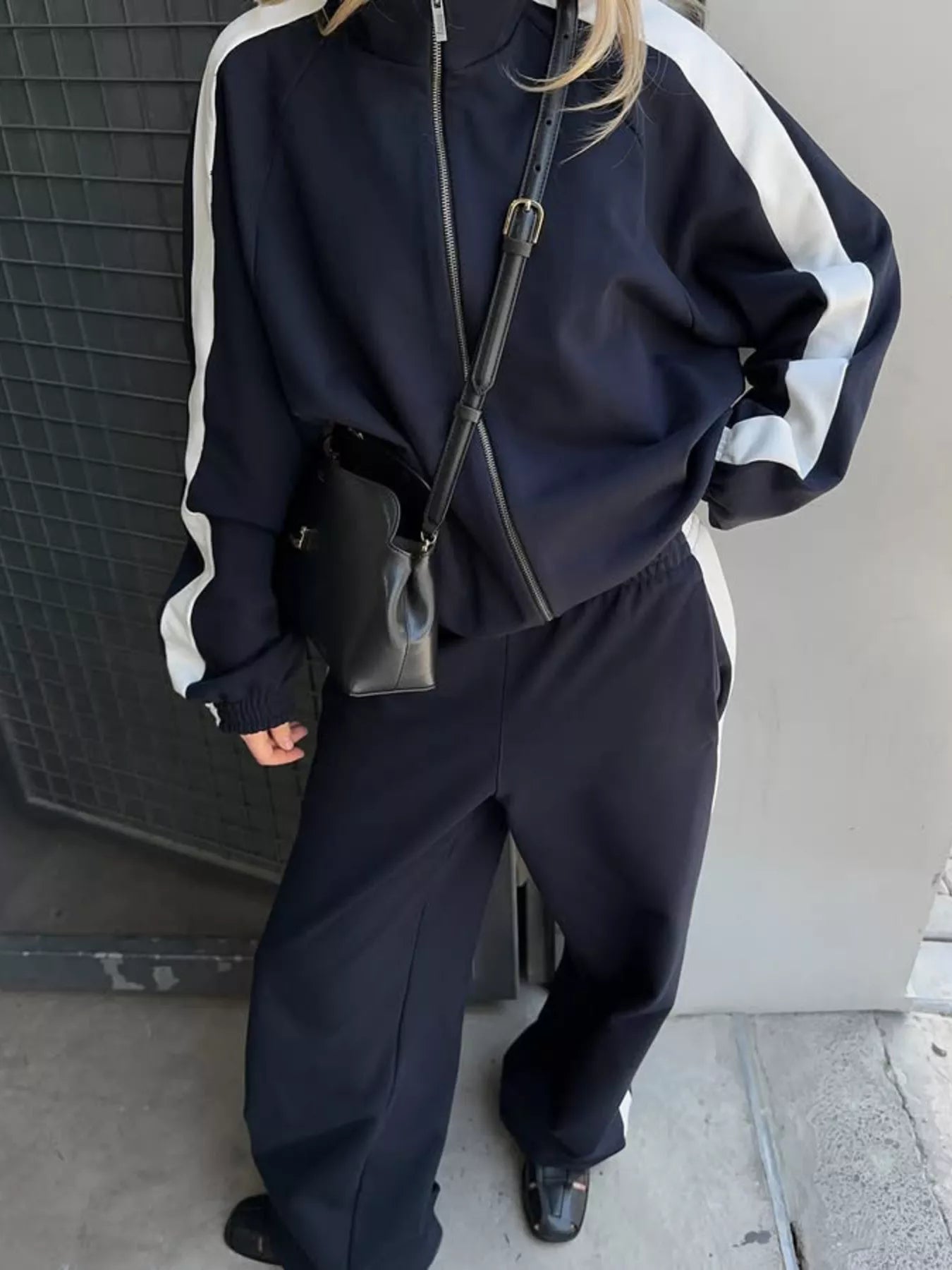 Trendsi Contrast Side Stripe Zip Up Top and Pants Set -