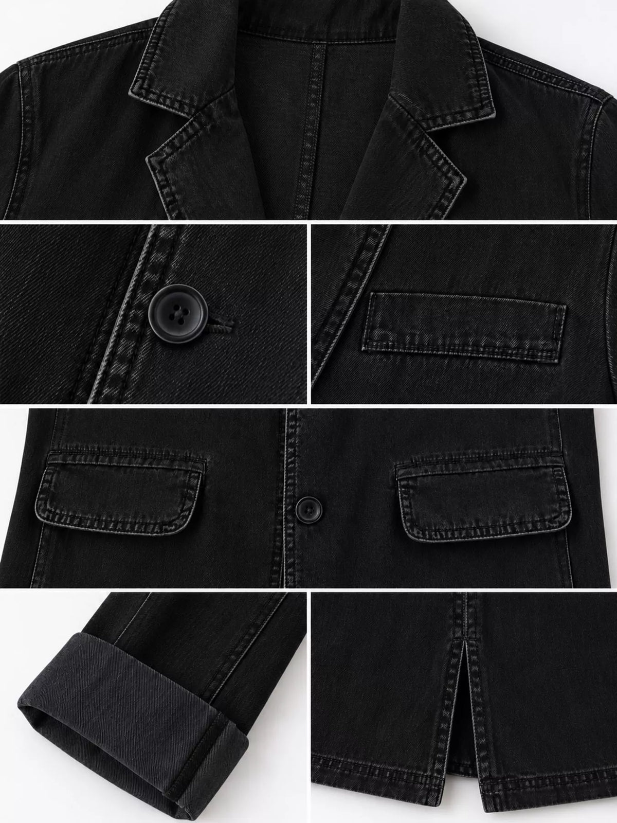 Lapel Collar Long Sleeve Denim Blazer, detail view in black