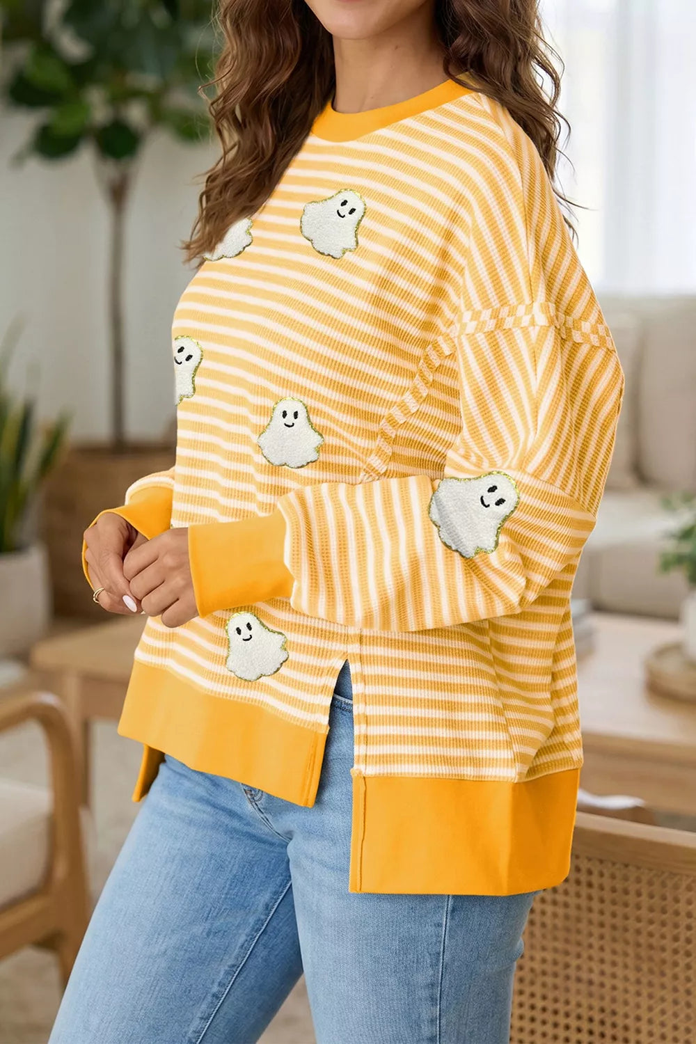Trendsi Stripe Halloween Ghost Patch Round Neck Long Sleeve Top -