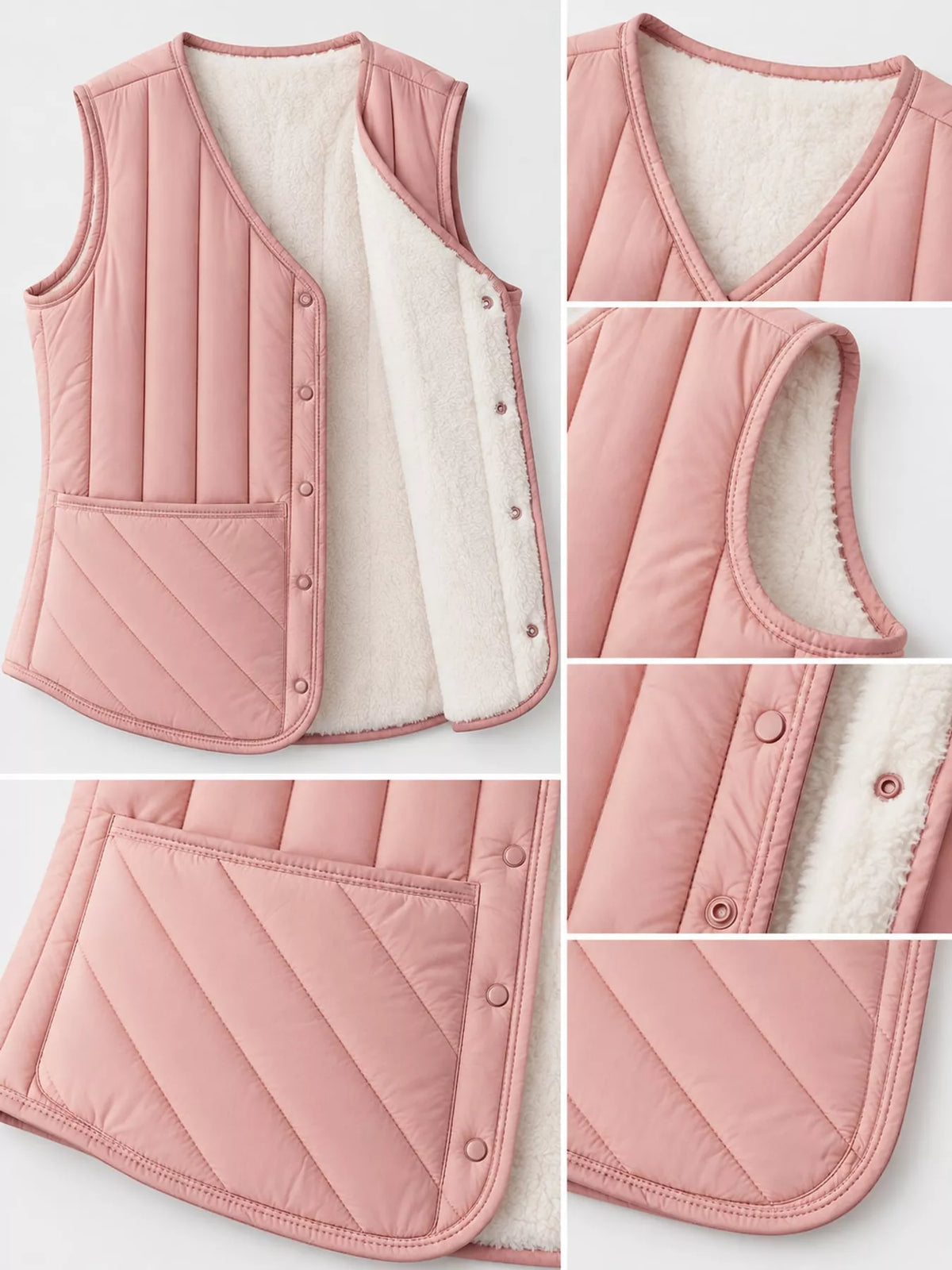 Quilted Button Up Vest in pink, construction detail