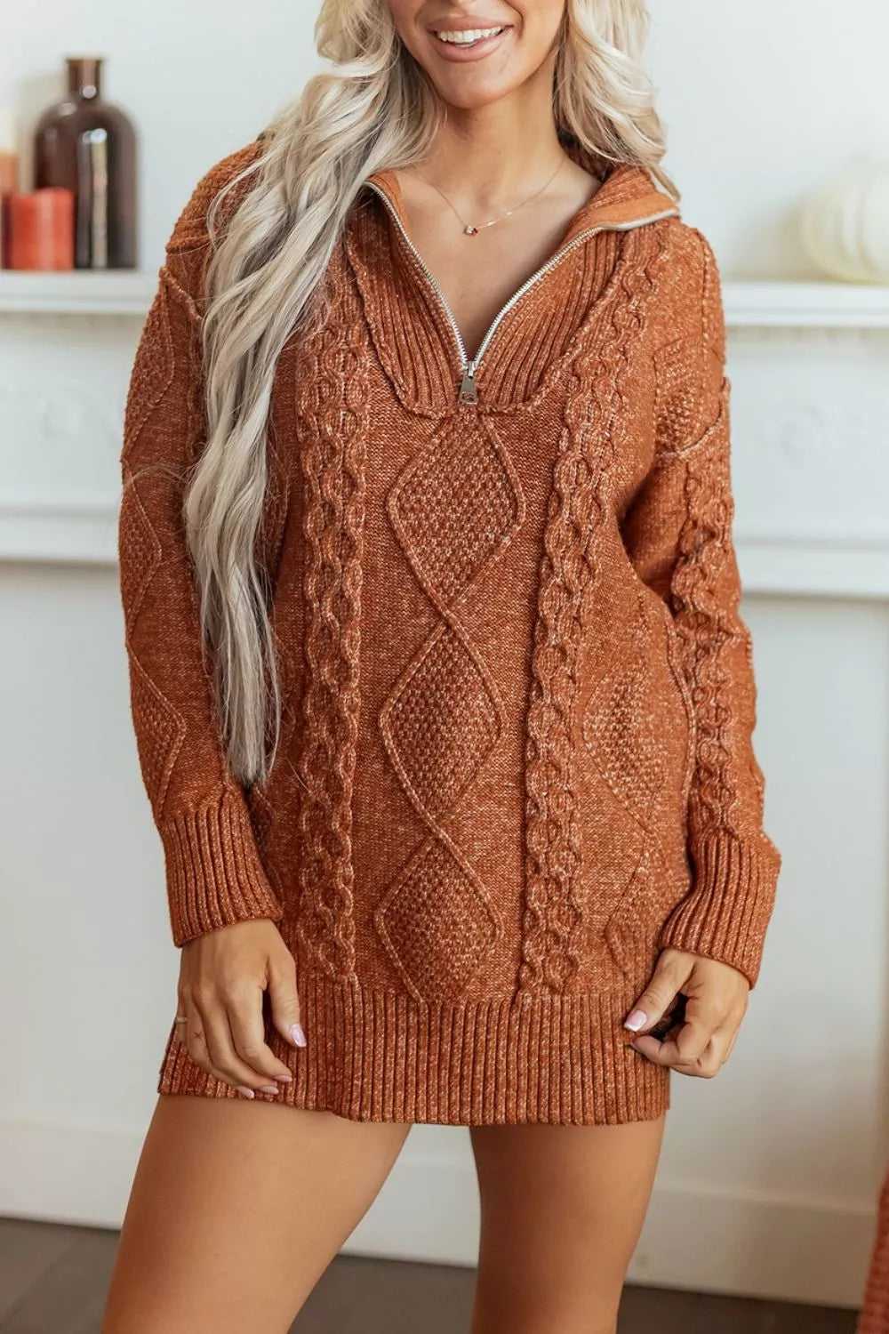 Trendsi Zip-Up Cable Knit Drop Shoulder Sweater Dress -