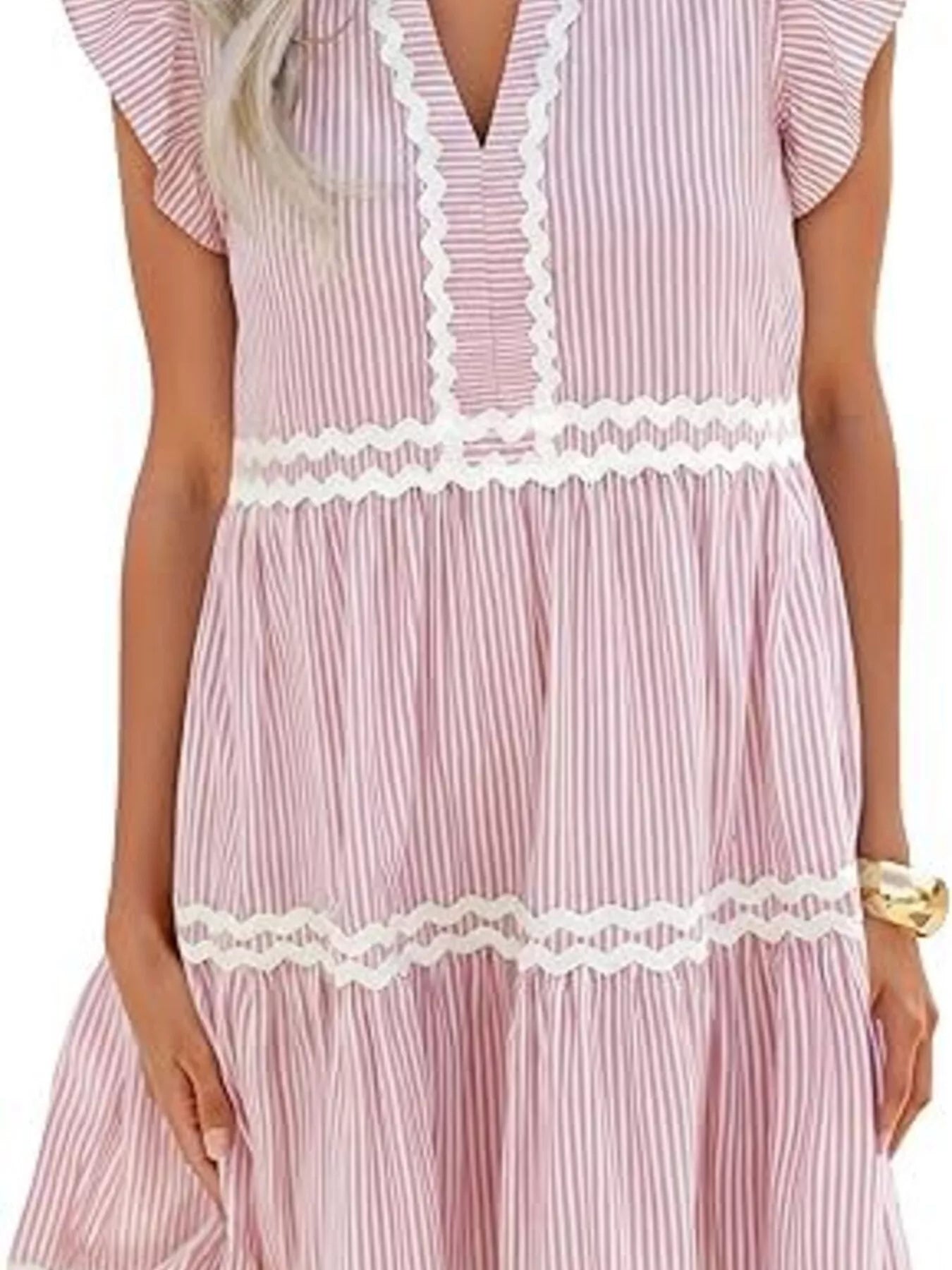 Trendsi Striped Ruffle Sleeve Tiered Dress -
