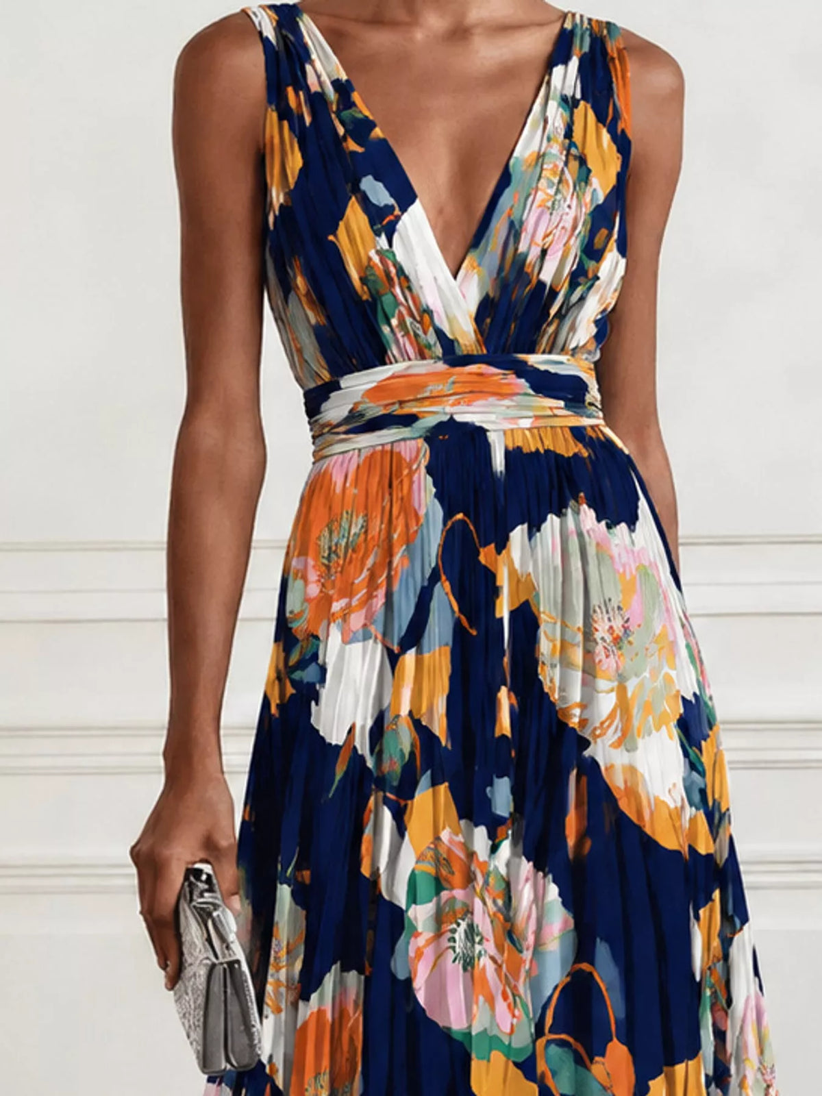 Women's Sleeveless Floral Print Maxi Dress in navy floral — bodice detail view