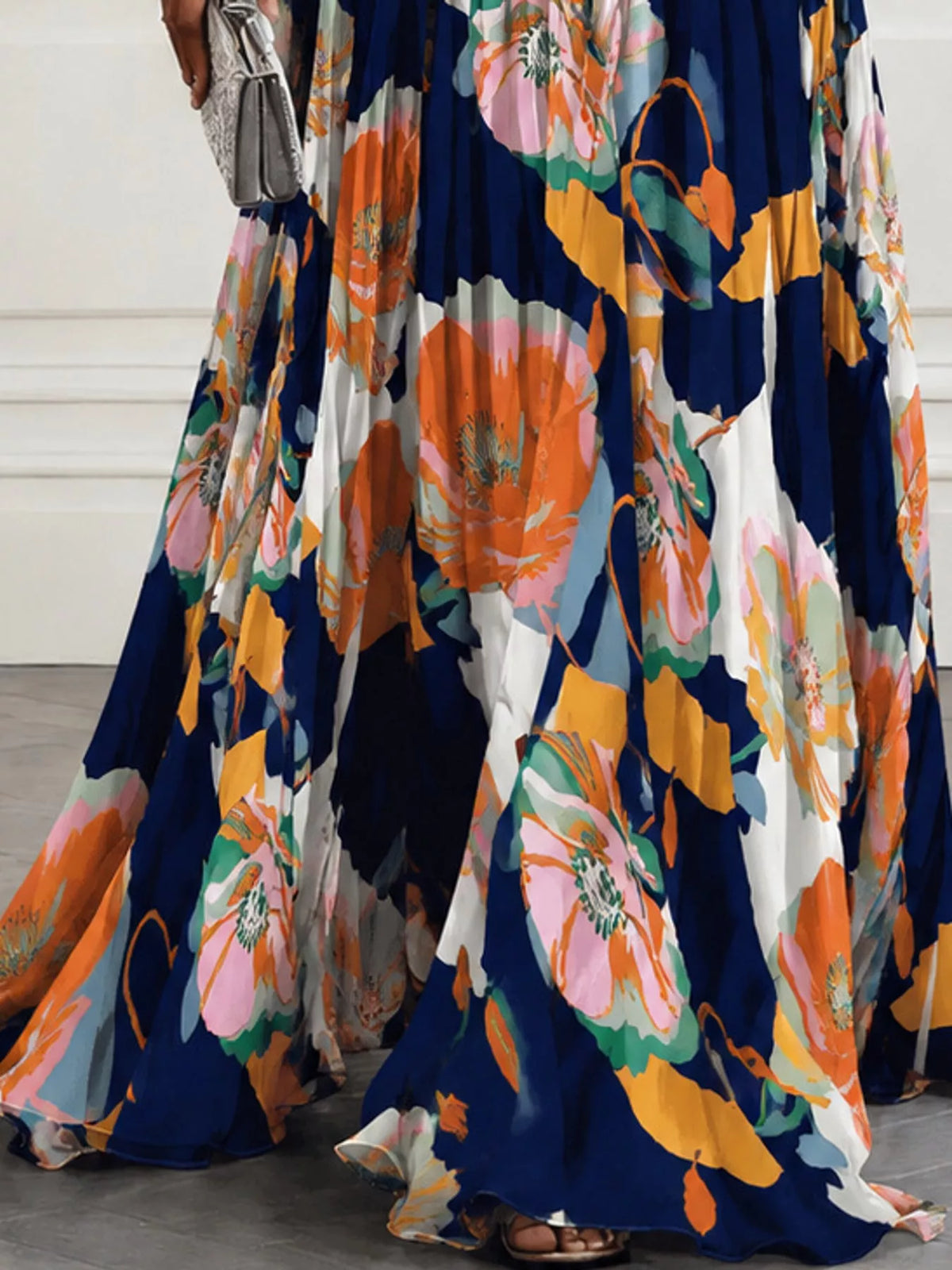 Women's Sleeveless Floral Print Maxi Dress in navy floral — print detail view